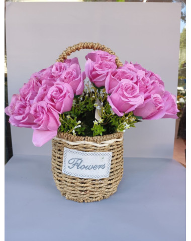 Basket with Pink Artificial Roses