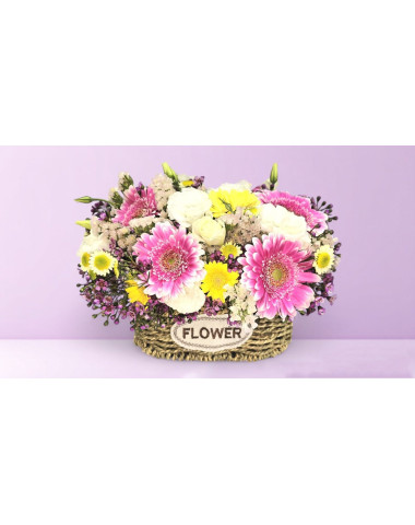 Basket in Pink & White with Chrysanthemums