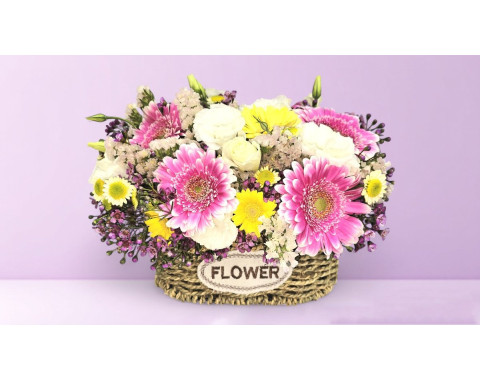 Basket in Pink & White with Chrysanthemums